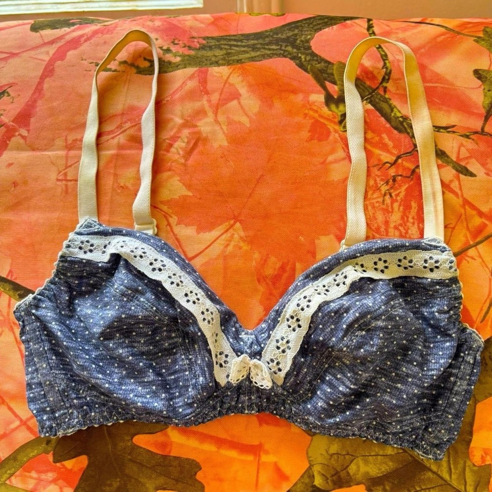 y2k vintage coquette navy blue lace polka dot bow bralette